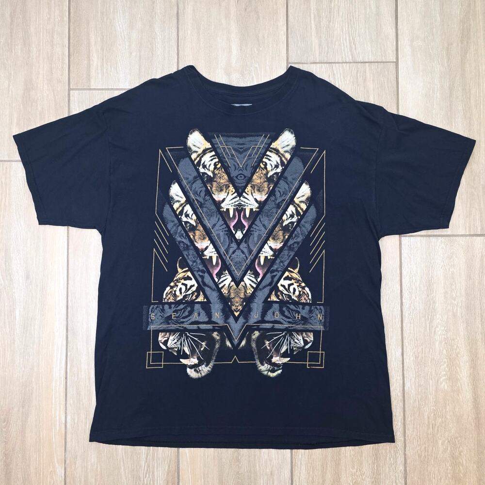 Sean John Tiger Graphic T Shirt Mens XL Black Streetwear Y2K Cotton Tee